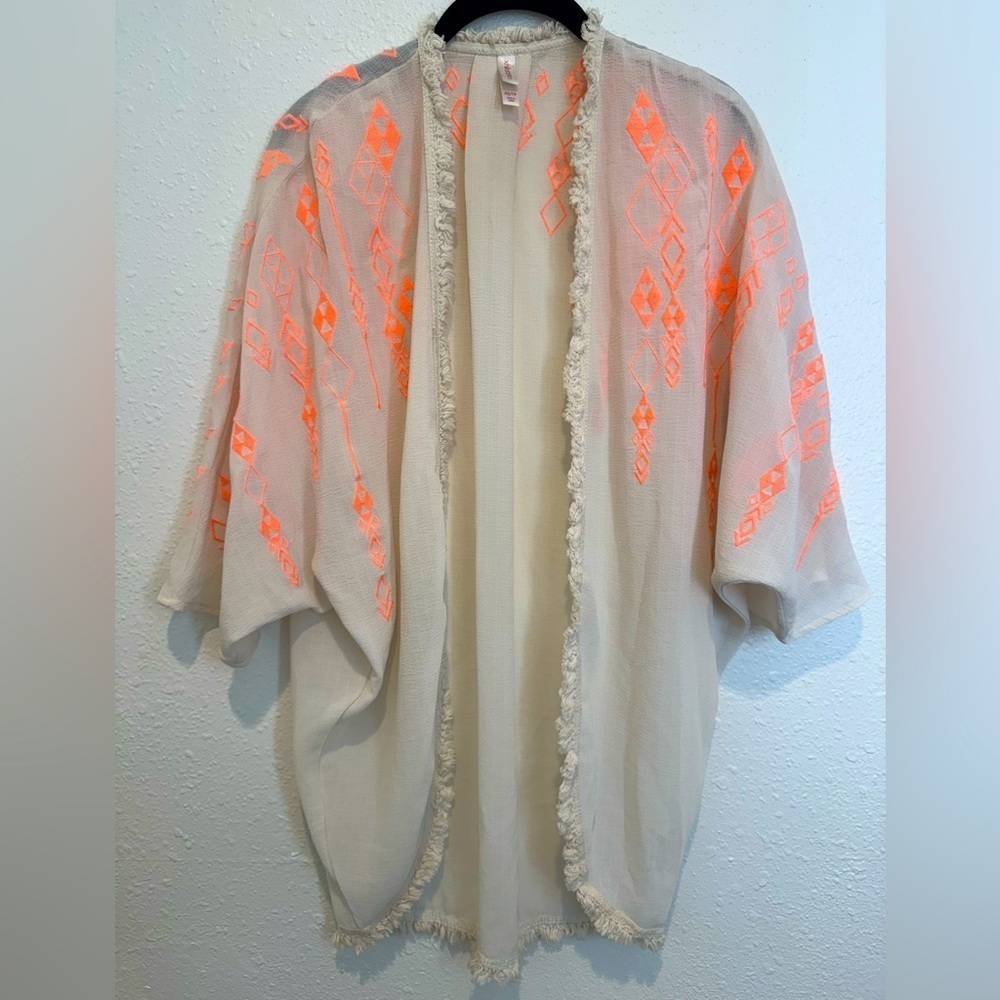 ✨ Xhilaration Neon Orange Boho Festival Kimono ✨ Fringe Trim Embroidered XS